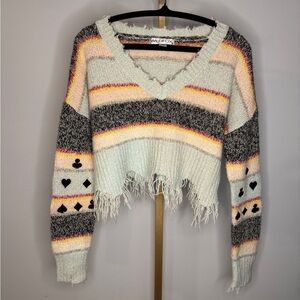 Wildfox Multicolor Heart Pattern Frayed Sweater